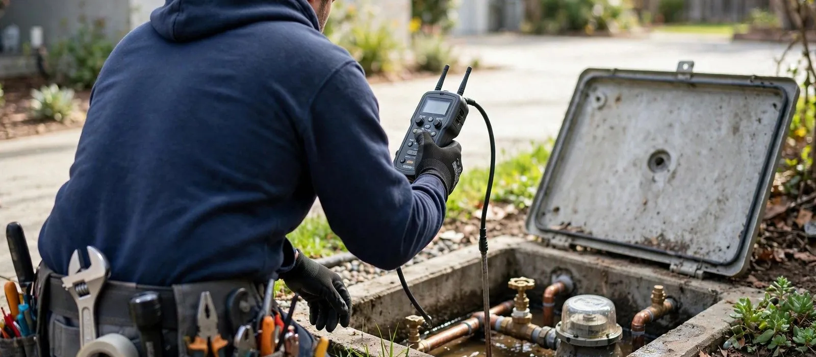 Technician checking an outdoor water meter box with a leak detector