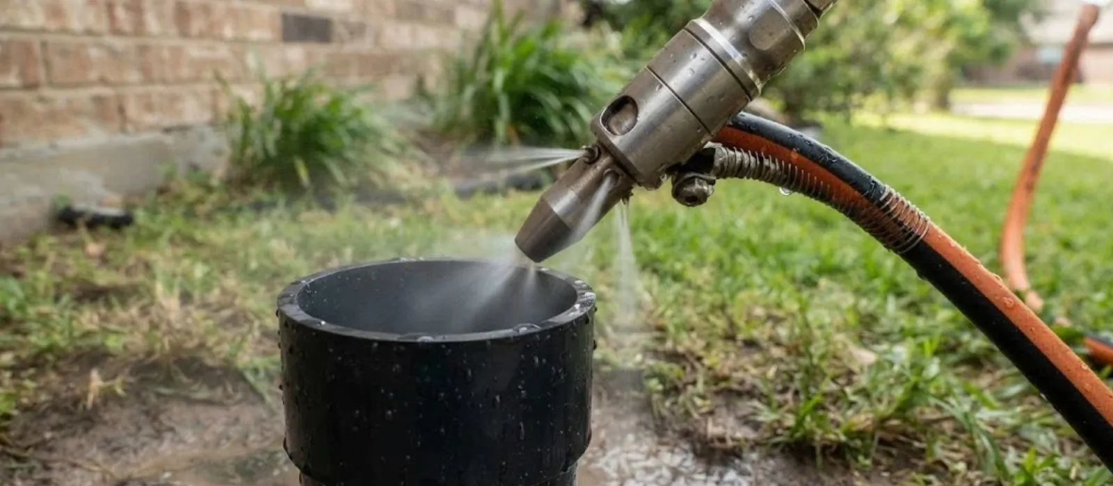 Hydro jetting nozzle spraying water into an outdoor drain pipe