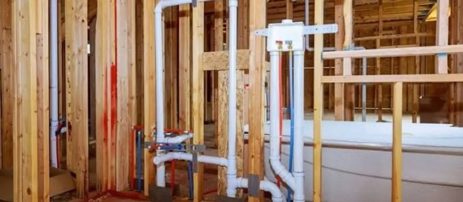 Rough-in plumbing for a new bathroom with white PVC drain lines