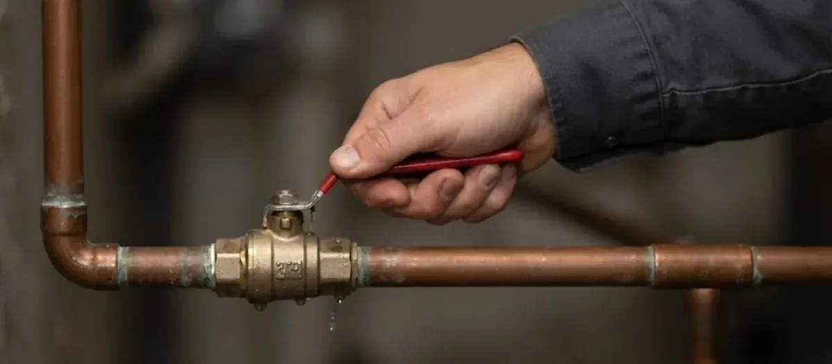 Hand turning the red handle of a brass shutoff valve on a copper pipe