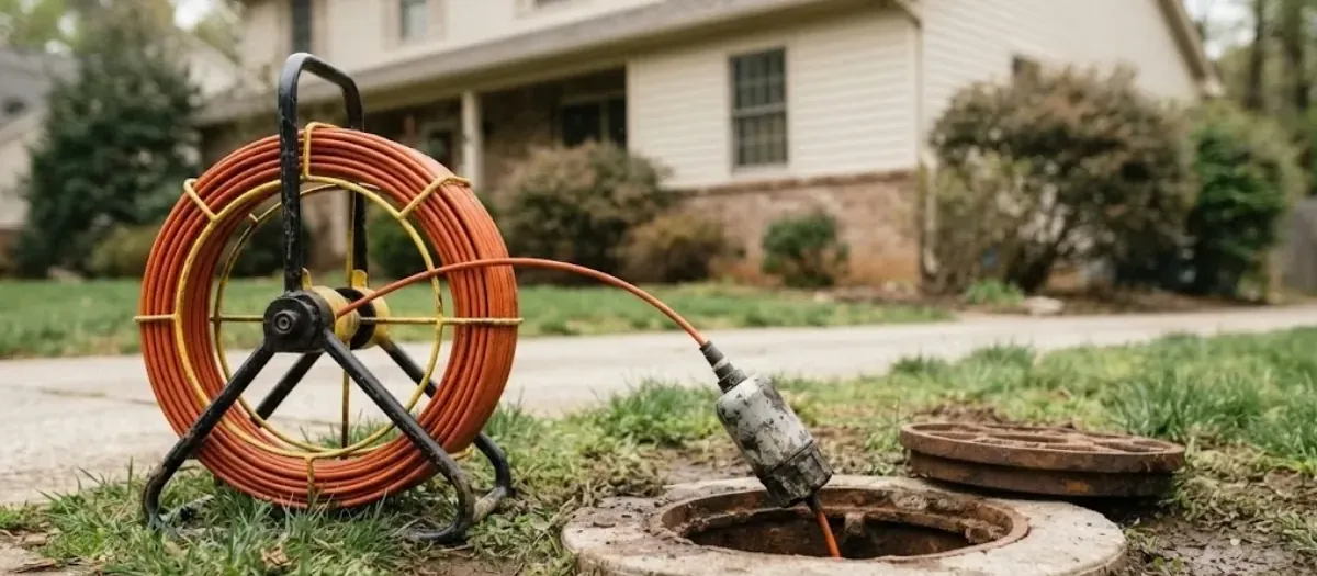 Sewer inspection camera reel at an open cleanout in front of a house
