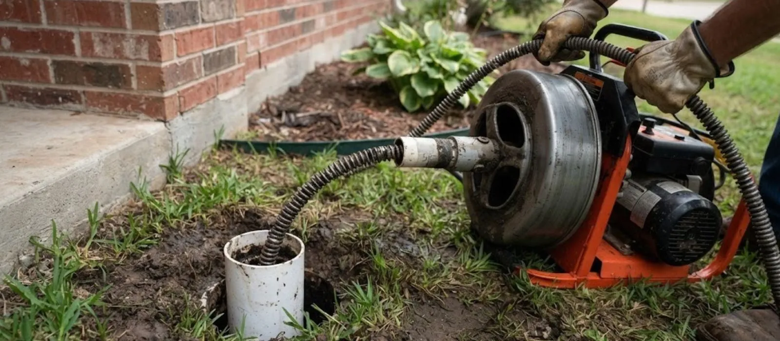Drain machine feeding cable into an outdoor sewer cleanout beside a brick house