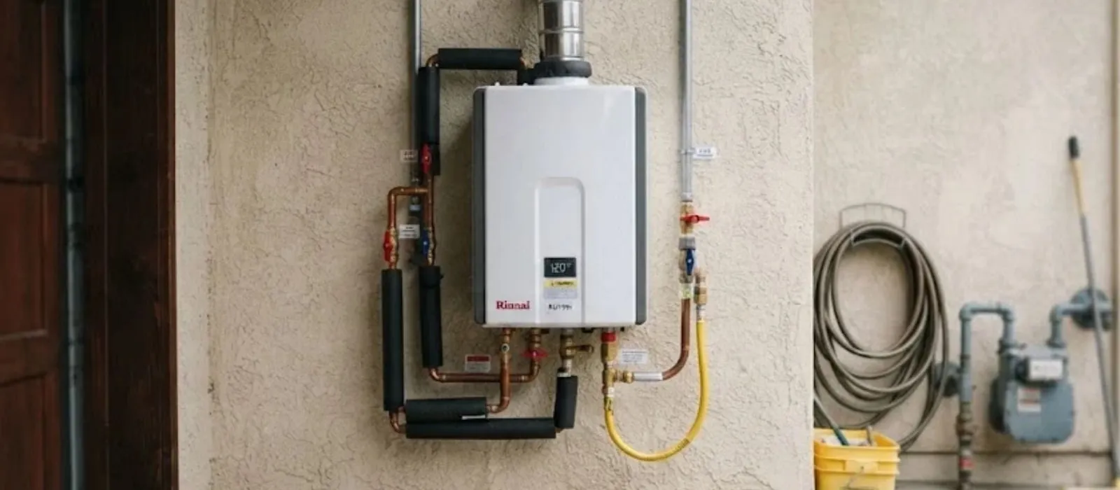 Wall-mounted tankless water heater on a stucco garage wall with gas line