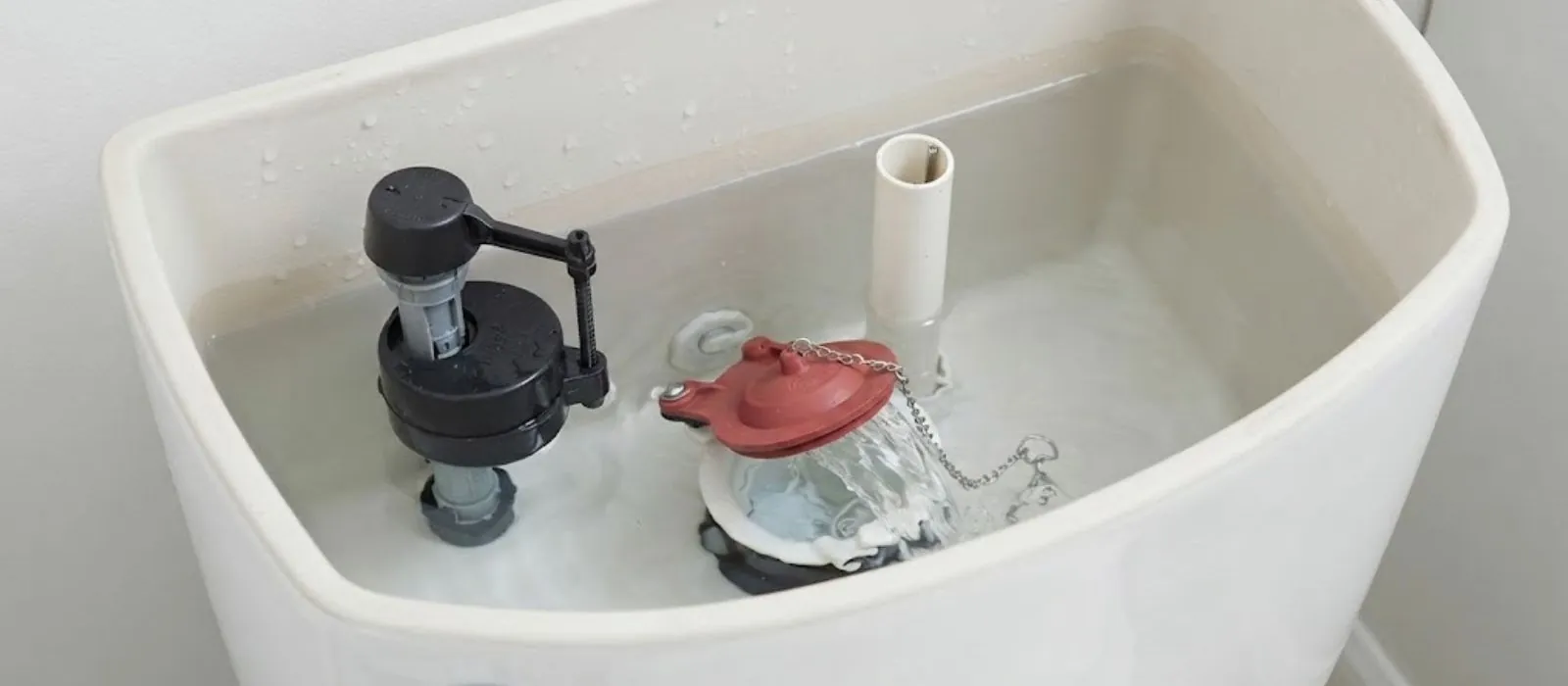 Open toilet tank showing the fill valve and red flapper