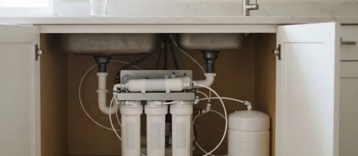 Under-sink reverse osmosis filter system in an open kitchen cabinet