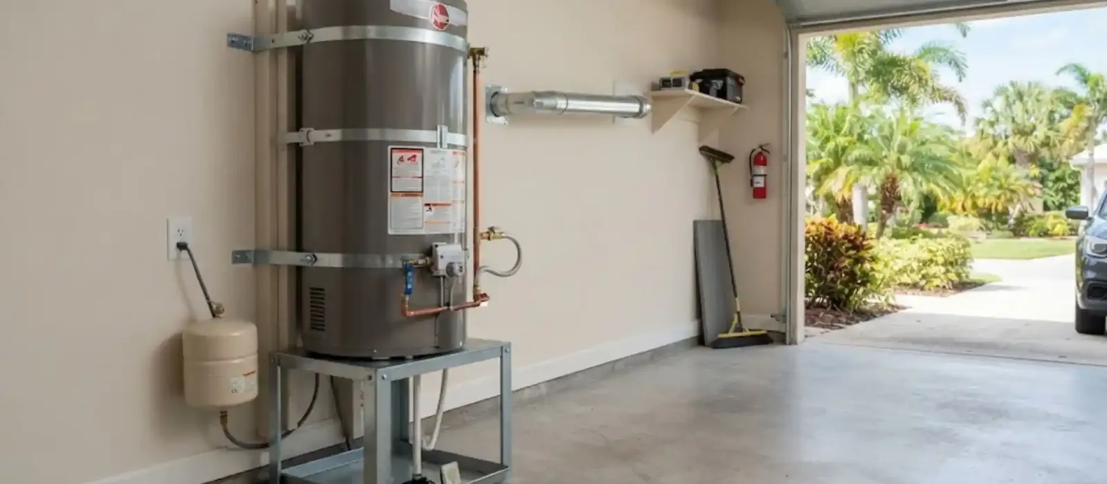 Water heater on a raised stand in a garage with palm trees outside