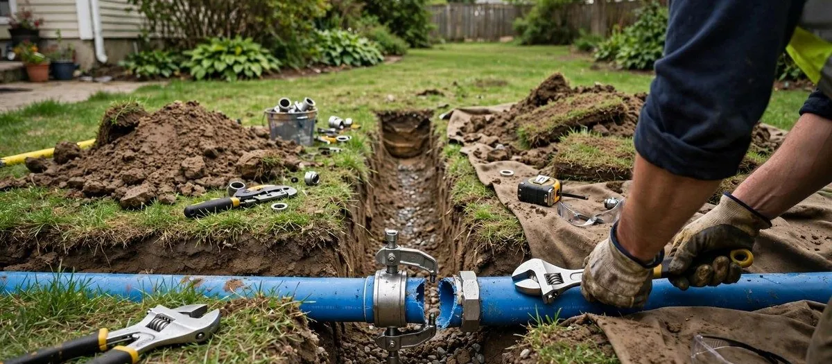 Hands repairing a blue water service line in a yard trench