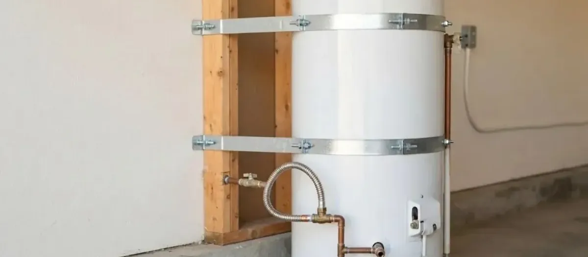 New white tank water heater strapped to a garage wall with copper lines
